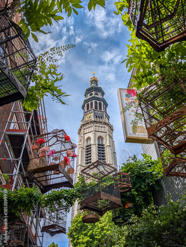 Der Kirchturm Abbey Tower De Lange Jan, auch Tall John Abbey Tower, von Middelburg in Kamperland Zeeland, Holland / Niederlande, fotografiert aus einer grünen Gasse