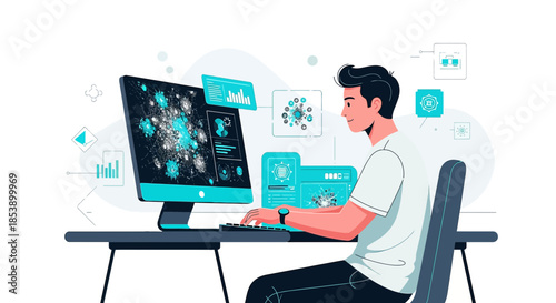Data analysis and visualization, an employee works with data on a computer screen displaying