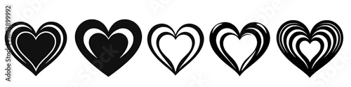 Set of black heart silhouette shapes with decorative curves isolated on white background representing love romance and emotion.