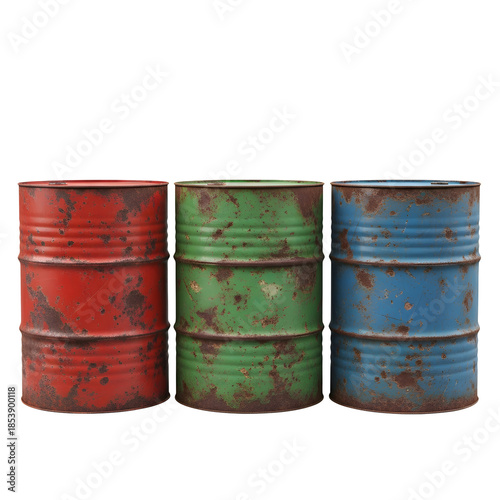 Weathered Industrial rusty metal Oil Drums set with Heavy Rust Texture, Isolated on White or Transparent Background, Industrial Waste Container