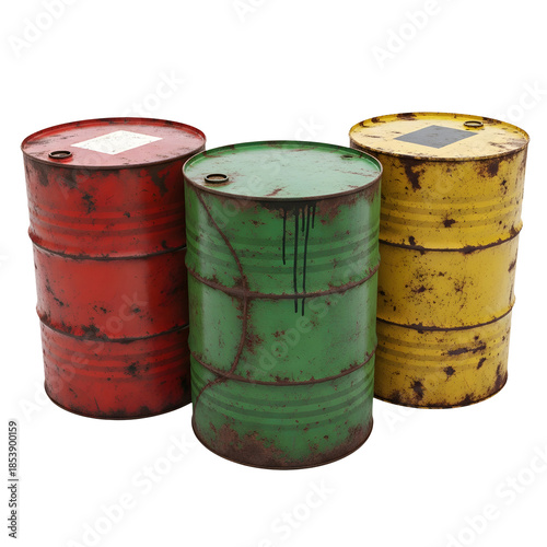 Weathered Industrial rusty metal Oil Drums set with Heavy Rust Texture, Isolated on White or Transparent Background, Industrial Waste Container