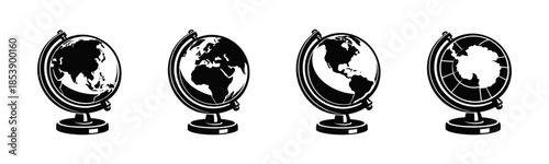 World globes set, flat vector illustration, black and white, geography icons