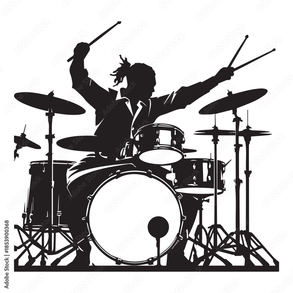 Fototapeta premium set of black drummer musician drumming drums vector silhouettes isolated on white background