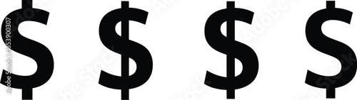 Four black dollar signs in a row on transparent background silhouette