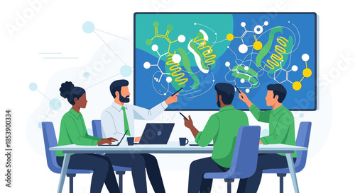 Diverse research team collaborating on molecular biology during a presentation