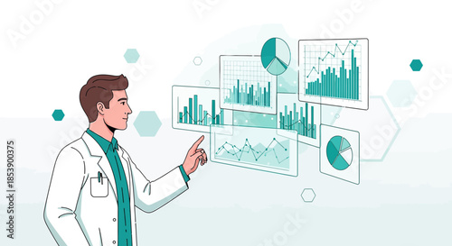 Doctor analyzes medical data analytics virtual interface for insights in healthcare advancements