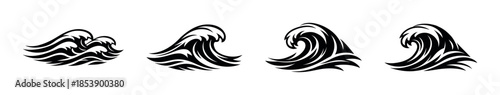 Ocean wave designs, black monochrome art, fluid shapes, flat vector illustration