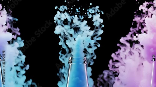 Colorful smoke emerging from three bottles against a black background, creating a vibrant visual effect