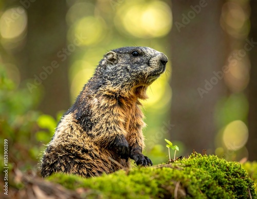 Groundhog perched on moss, eyes focused, against a blurred forest background