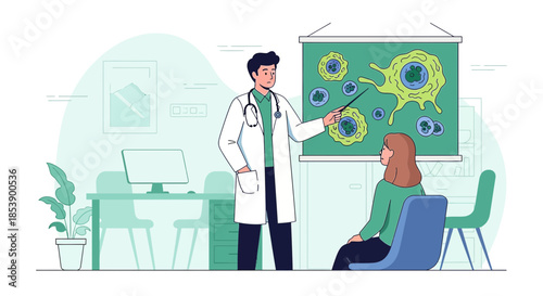 Doctor Explains Disease, Cell Biology, and Immune Response to Patient in Office Setting