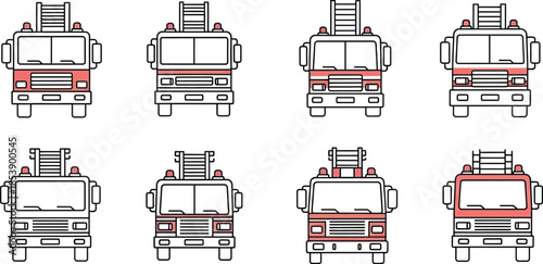 Isometric fire truck designs with multiple views on transparent background silhouette
