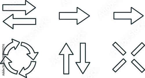 Collection of linear arrow and circular icons on transparent background silhouette