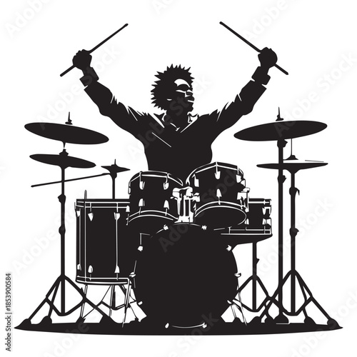 set of black drummer musician drumming drums vector silhouettes isolated on white background