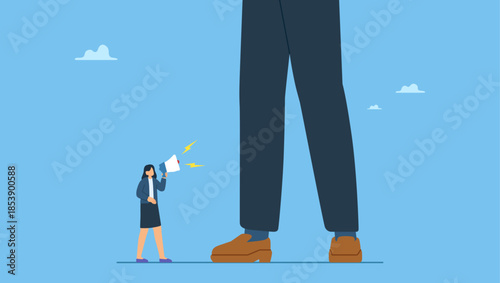 Businesswoman speak out loud on megaphone to giant man. Woman right, feminism speak out for gender gap, inequality in work or female leadership to negotiate and succeed in life.