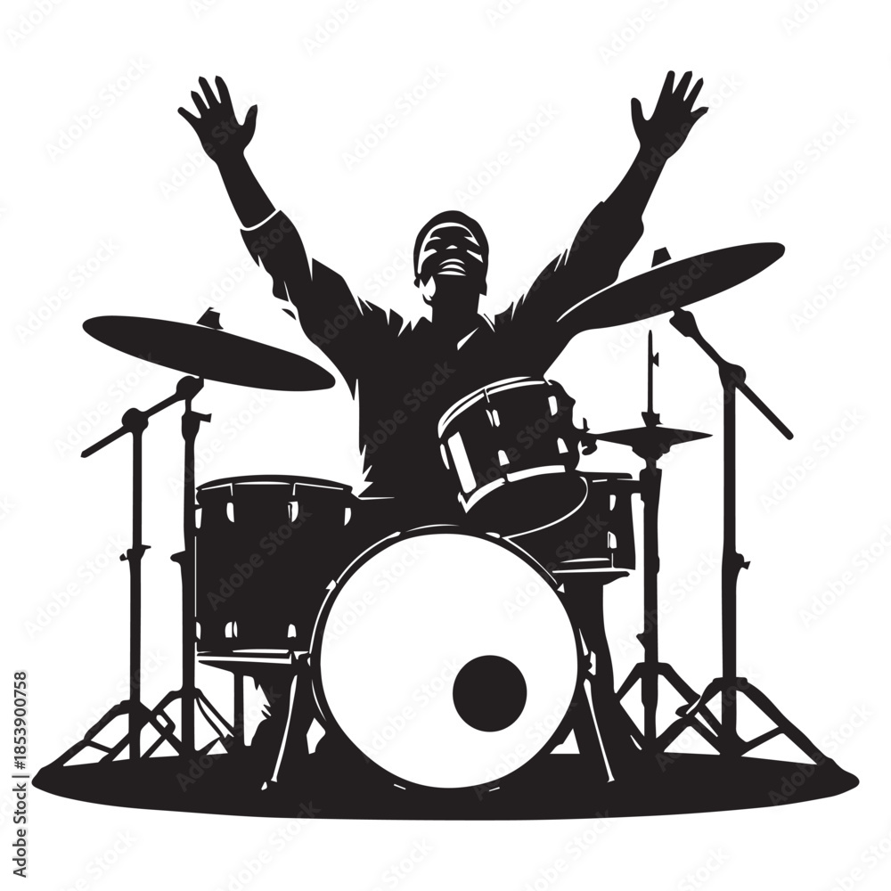 Fototapeta premium set of black drummer musician drumming drums vector silhouettes isolated on white background