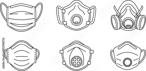 Variety of protective face masks line art illustration on transparent background silhouette