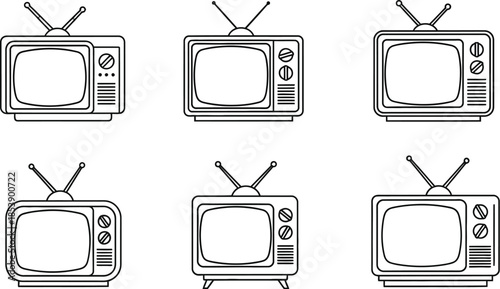 Six vintage television sets in a line outline style on transparent background silhouette