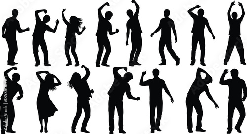 Silhouettes of diverse male and female dancers in expressive poses, showcasing rhythm, movement, choreography, and joyful human motion on white background
