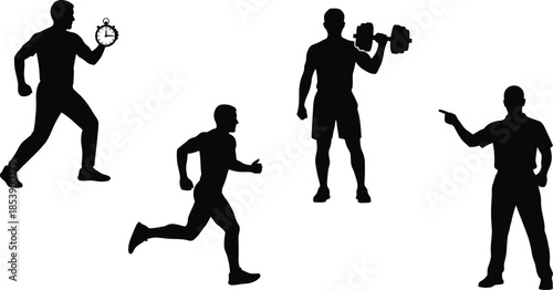 Four athletic men in various poses fitness illustration on transparent background silhouette