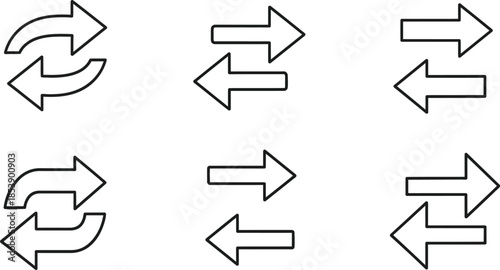 Collection of simple black arrow icons with various directions on transparent background silhouette