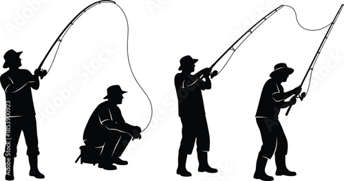 Silhouettes of people fishing with rods in various dynamic poses, outdoor recreation, angling activity, sport, leisure, nature scene, vector illustration