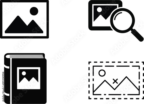 Four media icons depicting images book and search on transparent background silhouette