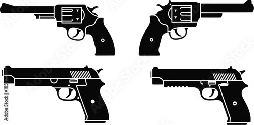 Four black handgun silhouettes revolver and automatic pistol on transparent background