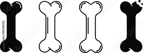 Four black bone shapes in a row on transparent background silhouette