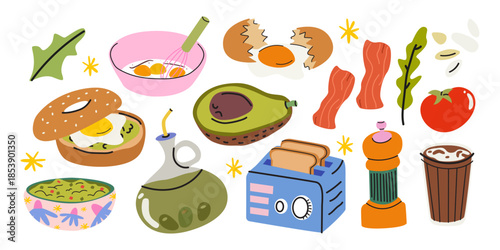 Cartoon breakfast stickers with avocado, fried egg, guacamole, bacons, toast, coffee, bun, tomato. Healthy tasty morning food elements and shape. Vector flat illustration