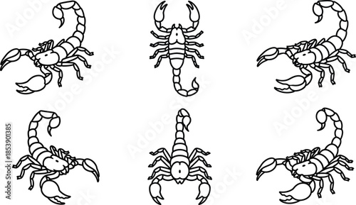Three scorpion illustrations with different poses on transparent background silhouette