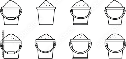 Collection of sand buckets in varied fills a linear silhouette on transparent background