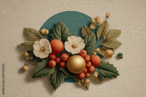 Christmas arrangement with holly leaves, white flowers, red berries and gold ornament on teal backdrop