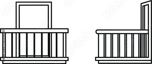 Simple balcony railing design illustration with two views on transparent background silhouette