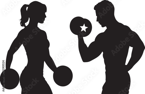**Fitness Man and Woman Silhouette With Dumbbells**