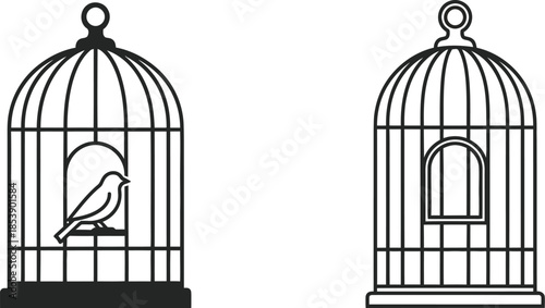 Two ornate birdcages with a bird inside a beautiful silhouette on transparent background