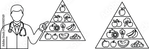 Doctor presenting healthy food pyramid diagrams nutritional guide on transparent background silhouette