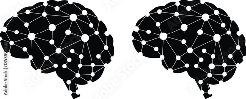 Two polygonal brains representing neural networks on transparent background silhouette