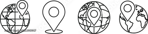 Four world globe icons with location markers on transparent background silhouette