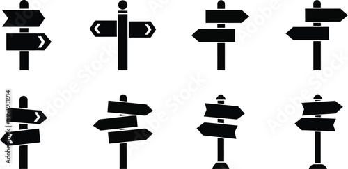 Collection of directional signpost icons in black perfect for design on transparent background silhouette