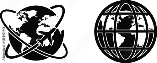 Two globe icons with orbital path and geometric design on transparent background silhouette