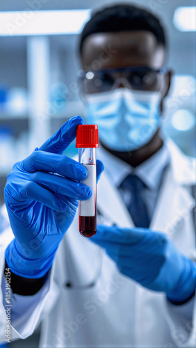 Gloved hand holding a blood sample test tube with barcode label inside a medical laboratory, representing clinical testing and diagnostics.