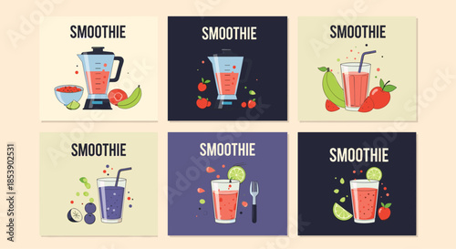 Set of six colorful smoothie cards featuring various fruit blends, blenders, glasses, and fresh ingredients with smoothie text.