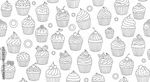 Extensive seamless pattern of various hand-drawn line art cupcakes and muffins with toppings on a white background.