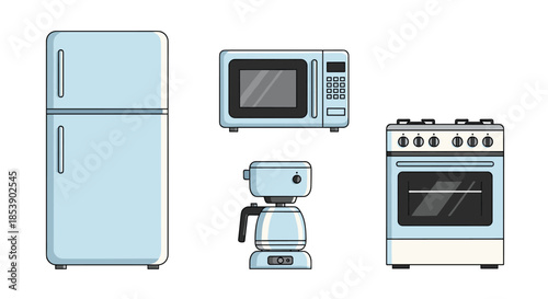 Set of modern blue kitchen appliances including a large refrigerator, microwave, coffee maker, and gas stove oven for interior design.