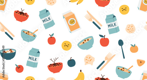 Charming seamless pattern of breakfast items including milk cartons, cereal bowls, apples, bananas, and utensils in a flat style.