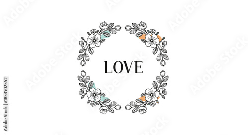 Elegant circular floral frame with black and white blossoms and Love text in the center for wedding or romance themes.
