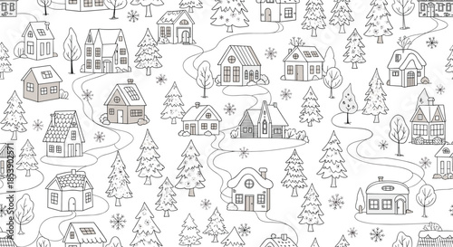 Cozy seamless pattern of a winter village with small houses, snowy paths, and pine trees in a delicate line art style.