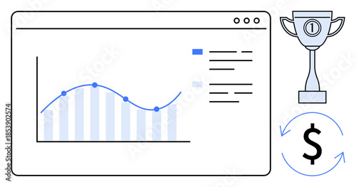 Data analysis. Data analysis demonstrated by a growth chart, financial symbol, and trophy icon for metrics tracking. Data analysis improves business trends and financial goals. Ideal for business