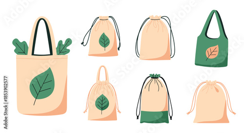 Collection of reusable eco-friendly tote bags and drawstring pouches made of fabric with green leaf prints for sustainable living.