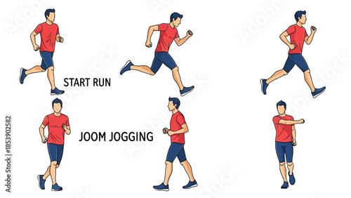 Man in various jogging poses for fitness and exercise